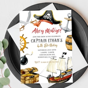 Piratenverjaardagsuitnodiging Piratenfeest voor kinderen uitnodigen Ahoy kameraadschappelijke schatkist piratenschip bomjongen digitale bewerkbare afdrukbare download Bir61