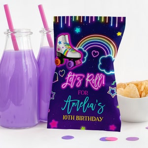 Neon Roller skate Chip Bag printable Roller skate Birthday Favor Roller skate party Teen Girl Glow Neon Editable Printable Download Bir301