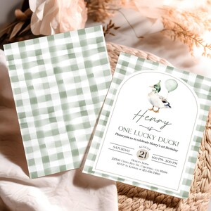 One Lucky Duck Birthday Invitation: Watercolor Mallard, Greenery Bir511 image 4