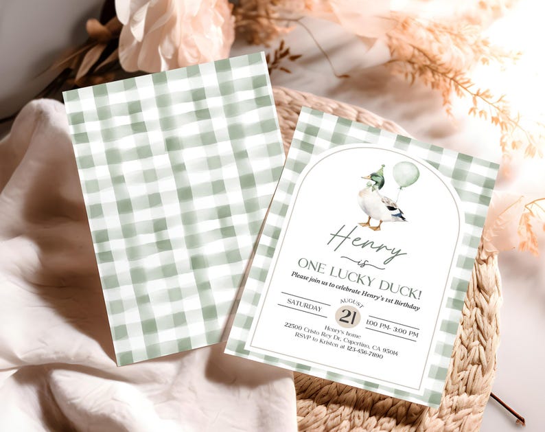 One Lucky Duck Birthday Invitation: Watercolor Mallard, Greenery Bir511 image 4