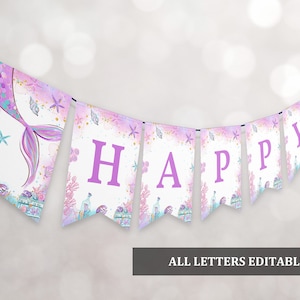 Mermaid happy birthday banner Editable Mermaid party Banner Sea Party Decoration Purple pink Digital Printable Download Bir321
