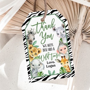 Safari Birthday Favor Tags Jungle Wild One Party Thank You Tag Zoo Animals Boy 1st Wild Time Zebra Gift Tag Digital Editable Download Bir292
