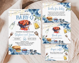 Zestaw zaproszeń na Baby-Q Shower, niebieskie kwiatowe BBQ (edytowalne, drukowane karty Bab286)