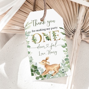 One-Deer-Ful Favor Tag: Woodland Greenery, Boy's First Birthday (Editable Bir51)