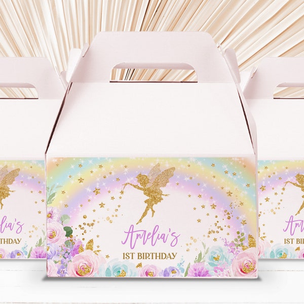 Editable Fairy Birthday Gable Box Labels fairy treat box Favor label rainbow Floral gold Rainbow Magical party decor Printable Bir274