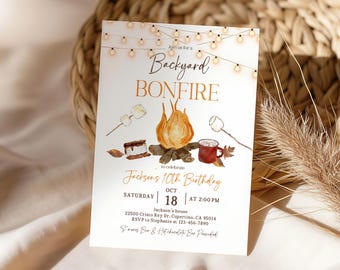 Bonfire Birthday Invitation: Rustic Fall BBQ Party, Editable 5x7in Bir517