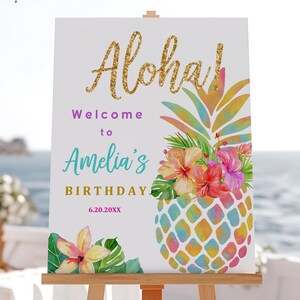 Hawaiianische Ananas Willkommensschild Luau Party Poster Kinder Tropischer Sommer Geburtstag Aloha Mädchen Jungen Printable Sommer Bir130 Bir490