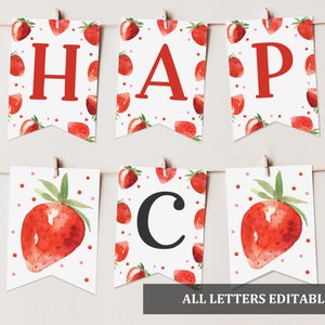 Strawberry banner digital Happy Birthday Banner Berry First Birthday Banner 1st Girl Decor Berry Sweet Editable Printable Download Bir278