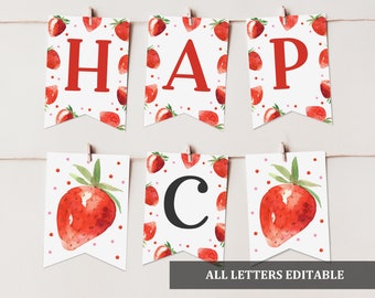 Strawberry Birthday Banner: Editable Berry Sweet 1st Girl Decor Bir278