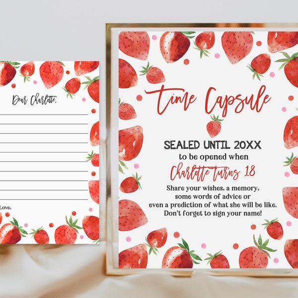 Strawberry Time Capsule Sign and Card First Birthday Party Strawberry Decorations Berry Sweet Party Girl Editable Printable Download Bir278