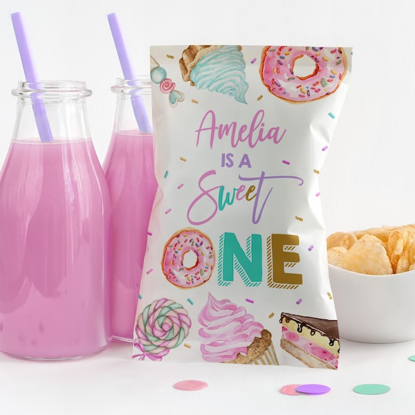 Sweet One Birthday Chip bag Pastel Sweets Party Donut Candy Ice cream Cupcake 1st Birthday Dessert Favor Editable Printable Download Bir360