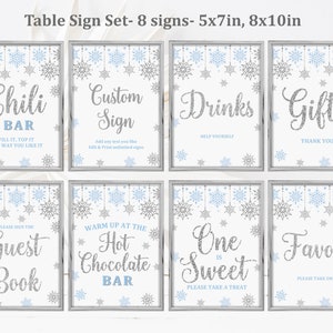 Winter Party Sign Set Winter Onederland Blue silver snowflake Boy Girl 1st Birthday sign pack Table Decor Printable Editable Download Bir157