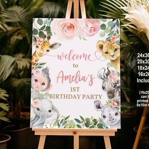 Panneau de bienvenue Safari anniversaire Jungle Party Welcome Poster décorations animaux sauvages fille rose Floral numérique imprimable téléchargement Bir12