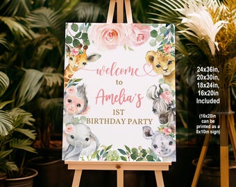 Puede incluir: Señal de bienvenida al 1er cumpleaños de Amelia con un tema de jungla rosa y verde. La señal presenta una jirafa, un mono, un elefante, una cebra y un rinoceronte con flores rosas. La señal está disponible en varios tamaños, incluyendo 24x36in, 20x30in, 18x24in, 16x20in.
