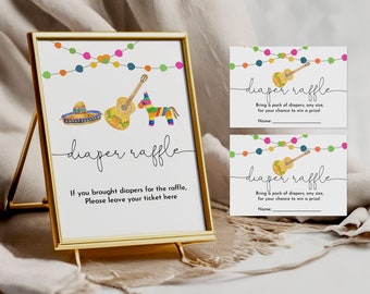 May include: A printable diaper raffle sign with a colorful string of lights, a guitar, a sombrero, and a pinata. The text reads "diaper raffle".