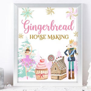 Casa di pan di zenzero che fa segno Schiaccianoci compleanno decorazione tavolo ragazza fata confetto schiaccianoci rosa balletto download stampabile Bir15 Bab64