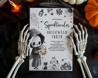 May include: A Halloween party invitation with a black and white illustration of a skeleton wearing a hooded robe and holding a pumpkin. The text on the invitation reads "Join us for a Spooktacular Halloween Party" and includes the date, time, and location of the party.