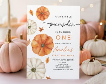 Invito per il primo compleanno: design con zucca - Invito autunnale modificabile Bir522