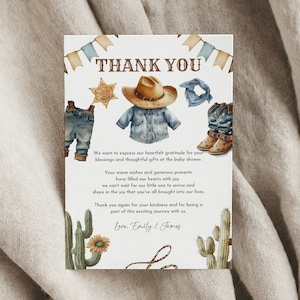 Kleiner Cowboy-Babyparty-Dankeschön-Karte Wild Western-Babyparty-Dankeschön beachten Sie Editable Rustic Cowboy Southwestern Printable Bab241