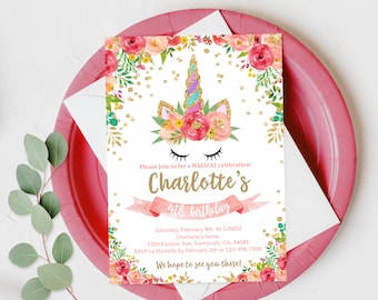 Unicorn Birthday Invitation, Pink Gold Glitter, Rainbow (Editable Digital Bir101)