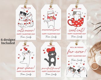 Puede incluir: Seis etiquetas de regalo imprimibles para el Día de San Valentín con lindos gatos de dibujos animados con diferentes mensajes. Las etiquetas son blancas con corazones rojos y texto que dice "cat's meow!" "meowentine!" "cool cat!" "paw-some!" "purrfect friend!" y "fur-ever!"