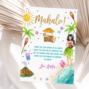 Hawaiian Birthday Thank you card Tropical Thank You Note Printable Luau Party Thank You Mahalo Aloha Pool party Editable Download Bir363