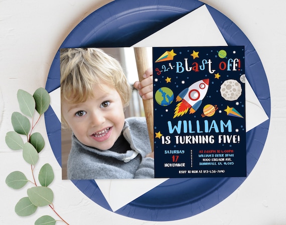 Outer Space Birthday Invitation: Rocket Ship, Planets, Astronaut Photo Bir73