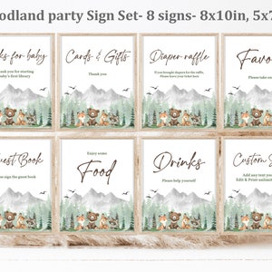 Lascia che l'avventura abbia inizio set di cartelli per baby shower Animali del bosco Decorazioni per feste Cartello da tavolo Bundle Foresta Modificabile Stampabile Scarica Bab194