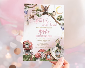 Invitación de cumpleaños de hadas del bosque: rústica, floral y editable (Bir275)