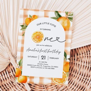 Little Cutie Orange 1st Birthday Invitation Editable Citrus Clementine Orange Party First Birthday Invite Botanical Printable Bir431