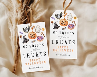 May include: Two white Halloween gift tags with watercolor illustrations of pumpkins, bats, ghosts, and candy. The tags read "NO TRICKS just TREATS" and "HAPPY HALLOWEEN" with "From: Jackson" at the bottom. Each tag has a brown ribbon.