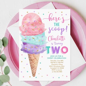 Bearbeitbares Eis-Geburtstagseinladung Zweite Geburtstagsfeier Hier ist die Schaufel Cone Pink Mint Gold Lila Printable Editable Download Bir381
