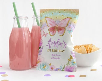 Butterfly Birthday Chip Bag Labels - Rainbow Pink Gold Floral, Editable Bir273
