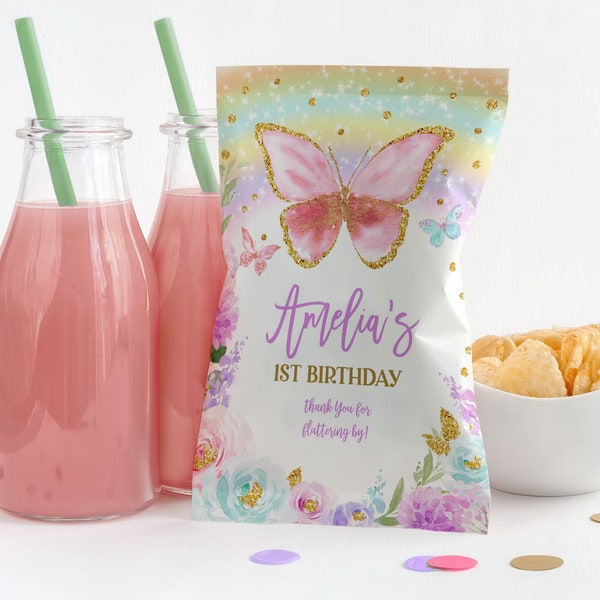 Butterfly Birthday Party Chip Bag Labels Rainbow Pink Gold Floral Butterfly Baby shower 1st Girl Favors Editable Printable Download Bir273