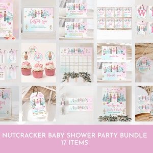 Nutcracker baby shower bundle Sugar Plum Fairy Holiday Invitation Pack Winter Invite Pink Ballet Party Digital Editable Printable Chbab3