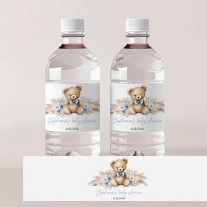 Étiquette de bouteille d'eau ours en peluche MODIFIABLE, décorations d'étiquette de bouteille de douche de bébé garçon, herbe de pampa bleue, bohème imprimable Bab277