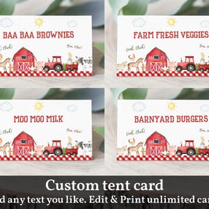 Bauernhof Geburtstag Essen Zelt Karte Bauernhof Tiere Lebensmittel Etikett Barnyard Party Junge Dusche Kuh Schwein Buffet Tischkarte Bearbeitbar Druckbar Download Bir300