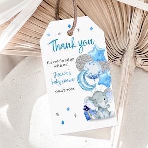 Etiquetas de agradecimento para chá de bebê com elefante Etiqueta para lembrancinhas de festa com elefante Balão azul-celeste Menino Azul Prata Glitter Confete Editável Imprimível Bab62