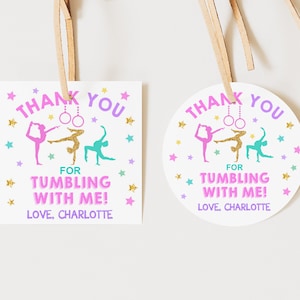 Adesivo de agradecimento de aniversário de ginástica Etiqueta de lembrancinha de festa de ginástica Obrigado por cair comigo Etiqueta de presente editável Imprimível Menina Rosa Bir326
