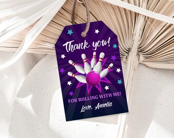 Bowling Birthday Thank You Tags - Purple Editable Printable Favor Labels
