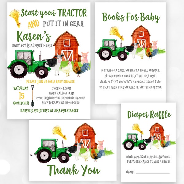 Tractor baby shower invitation set Farm baby shower invite bundle Barnyard Tractor Boy Digital Editable Download Printable Bab9