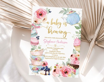 Tea Party Baby Shower Invitation, Pink Gold Floral (Editable Digital Bab147)
