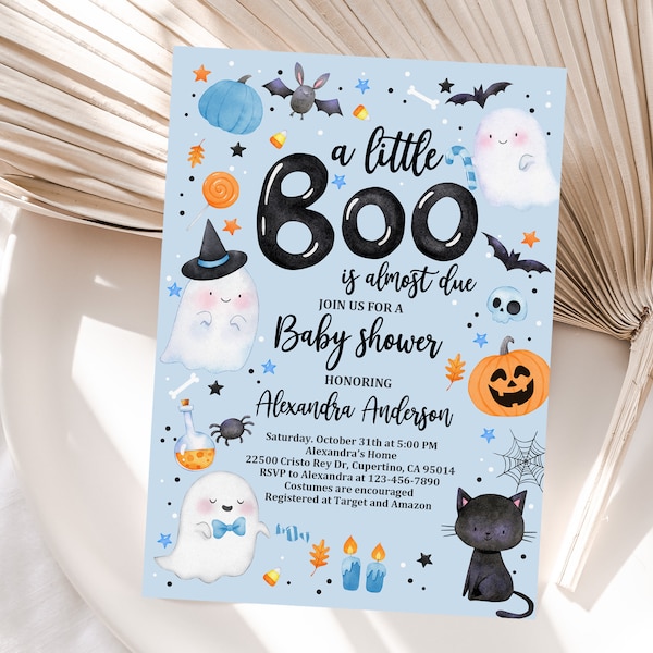 Halloween Baby Shower Invitation Little Boo Ghost Sprinkle Baby Shower Blue boy Cute Spooktacular Digital Editable Printable Download Haba5