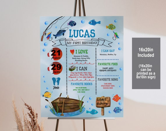 Fishing 1st Birthday Sign: Editable Blue Milestone Poster Bir243