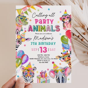 Feestbeesten verjaardagsuitnodiging Safari wilde dieren uitnodiging bewerkbare dierentuin jongen meisje kinderen digitale afdrukbare Evite-sjabloon Bir514