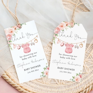 Etiqueta de regalo para baby shower con ropa de niña, etiqueta de agradecimiento para baby shower con ropa de lavandería, ropa de bebé editable, diseño floral rosa bohemio, imprimible, descarga Bab215