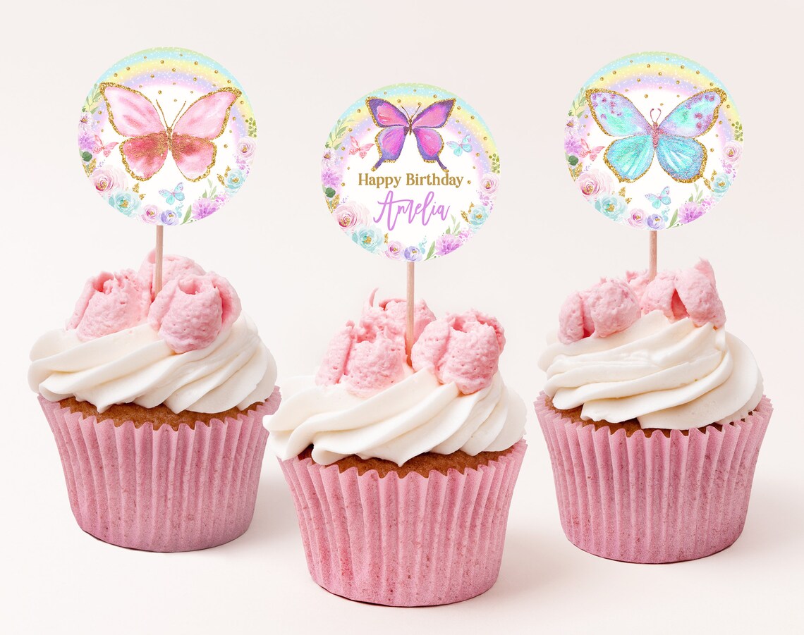 Butterfly Cupcake Topper Favor Tags Floral Butterfly Birthday Etsy