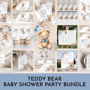 Teddy Bear Baby Shower Bundle We Can Bearly Wait Baby Shower Invitation Bundle Editable Blue Pampas Grass Boho Boy Baby Shower Bab277