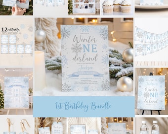 Winter Onederland Birthday Bundle: Editable Snowflake Party Decor Bir594