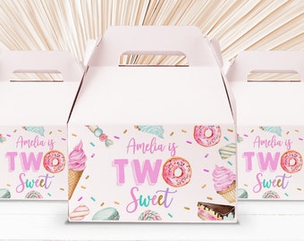 Sweet Party Gable Box Label, Girl 2nd Birthday Ice Cream Donut (Editable Bir338)